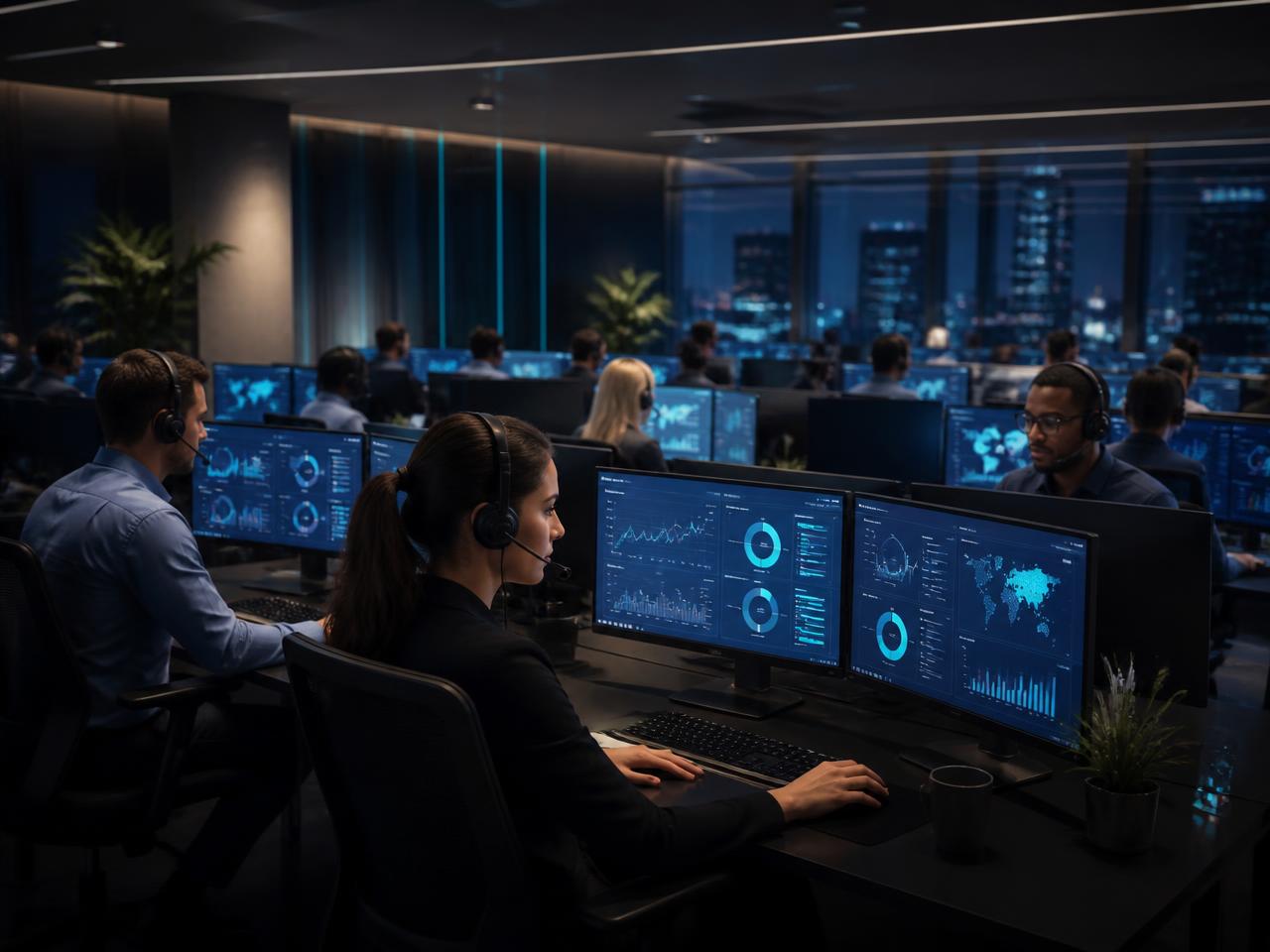 Contact centre agents working on illuminated dashboards