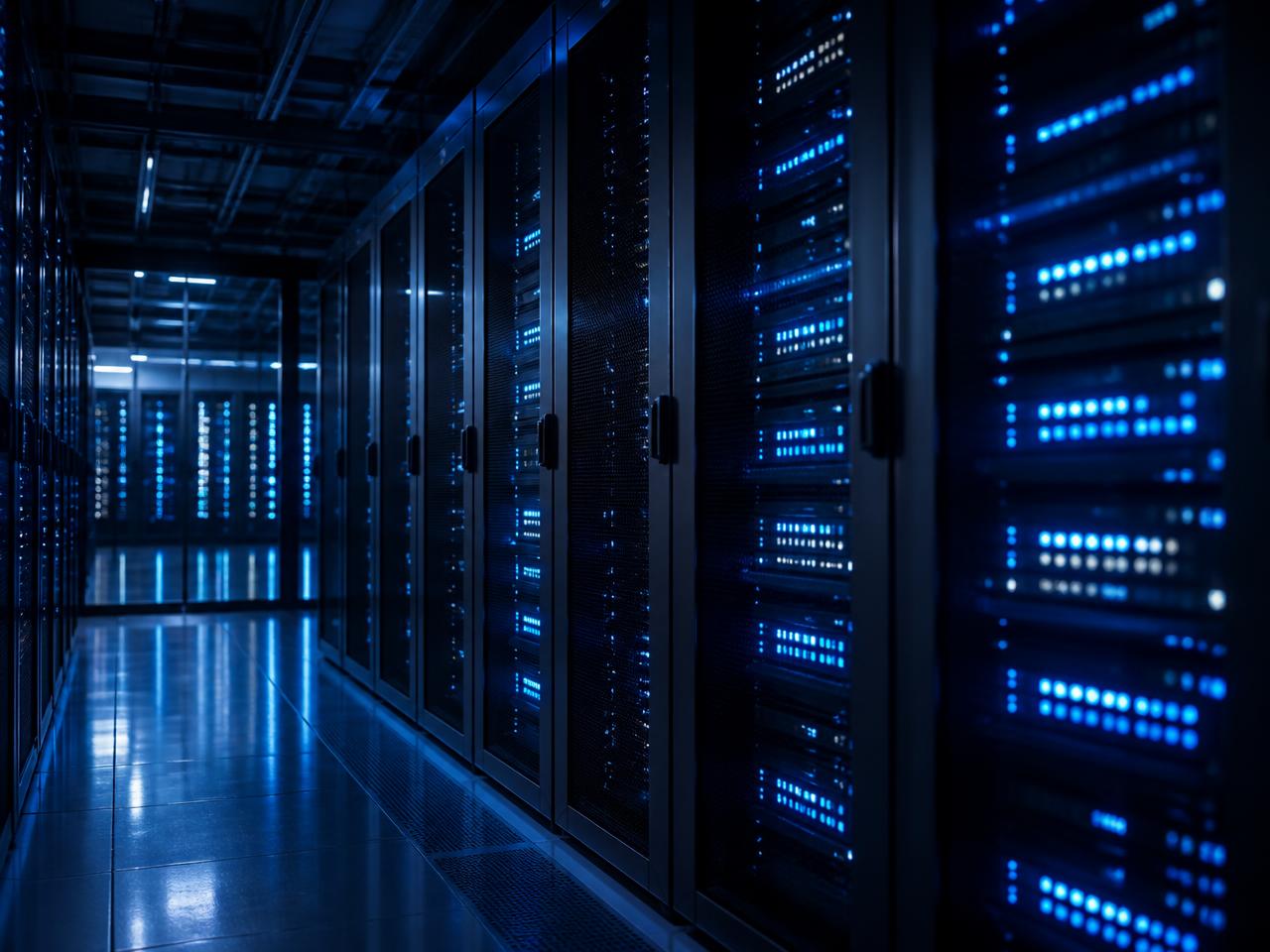 Dark data centre aisle with blue-lit server racks